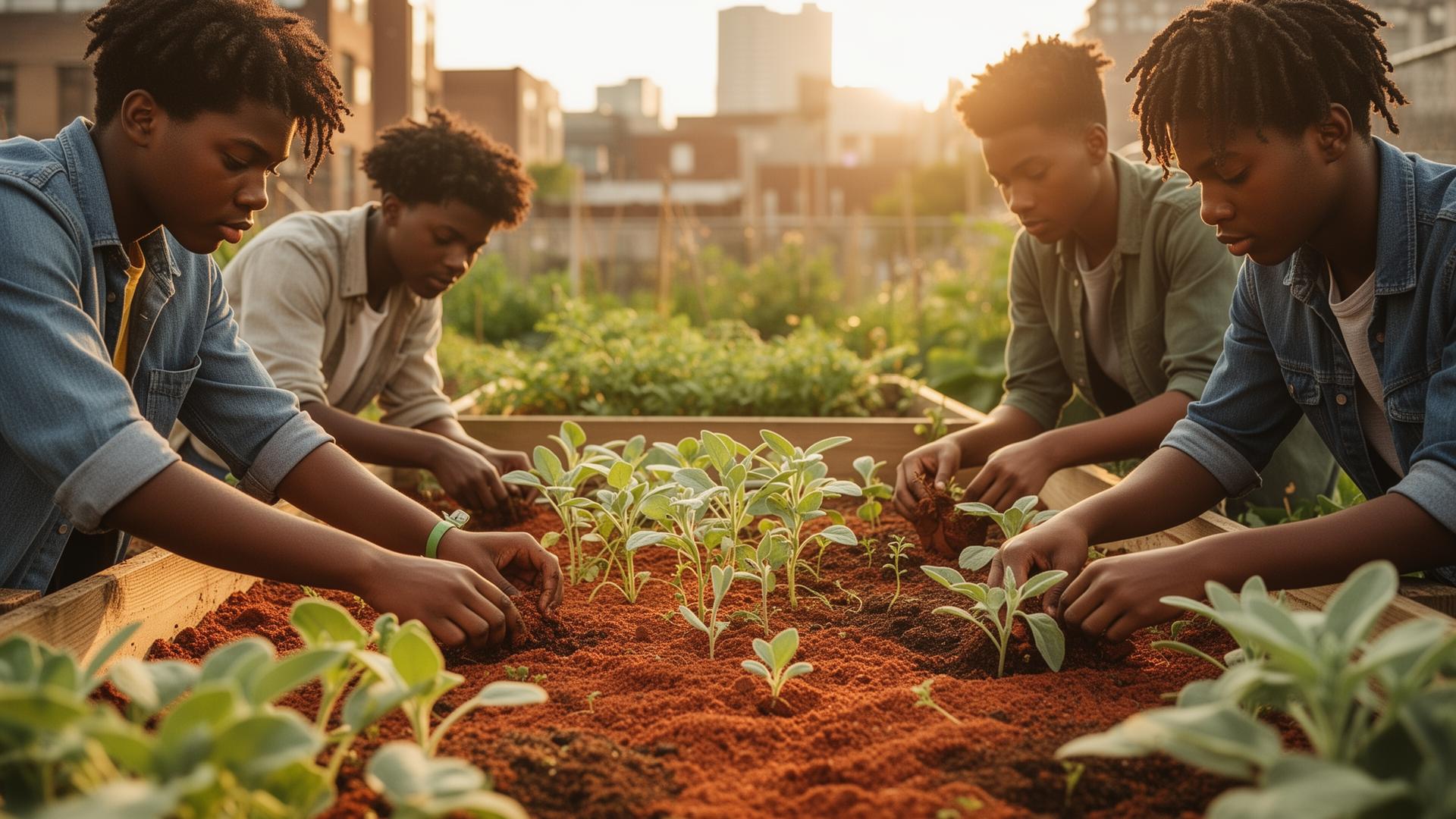 Nashville youth tending seedlings together in a community garden at golden hour